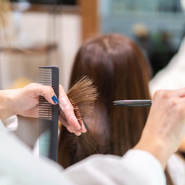 Hairdresser giving a woman a haircut